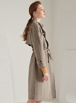 Coffee Notched Belted Cinched Waist Cashmere Coat