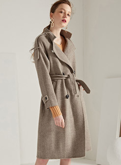 Coffee Notched Belted Cinched Waist Cashmere Coat