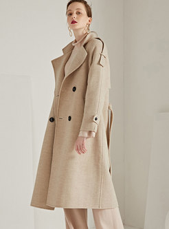 Trendy Beige Notched Belted Cinched Waist Cashmere Coat