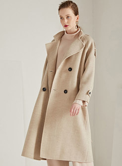 Trendy Beige Notched Belted Cinched Waist Cashmere Coat