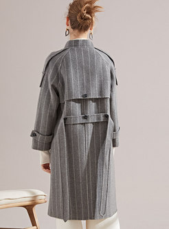 Stylish Lapel Grey Striped Double-breasted Coat