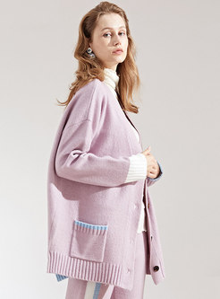 Casual Purple Buttoned Loose Knitted Cardigan 