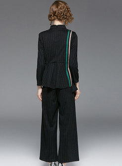 Fashion Stand Collar Striped Top & Gathered Waist Wide-leg Pants