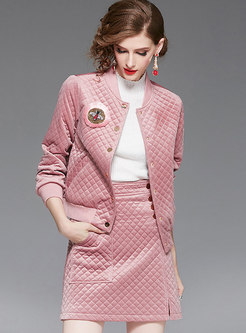 Brief Pink Cropped Coat & Pockets Front Midi Skirt