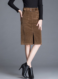 High Waist Slim Slit Bodycon Skirt With Belt