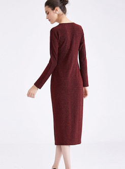Sexy Wine Red Deep V-neck Shimmer Knitted Sheath Dress