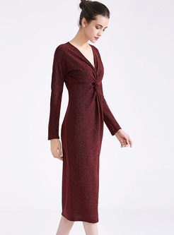 Sexy Wine Red Deep V-neck Shimmer Knitted Sheath Dress