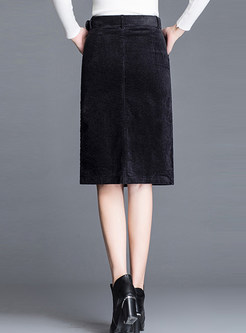 Trendy Belted Big Pocket Slit Knee-length Skirt