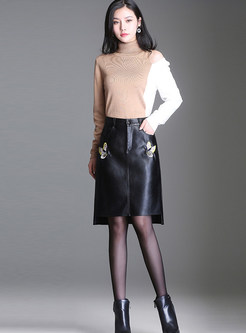 PU Embroidered Asymmetric Slit Skirt With Button