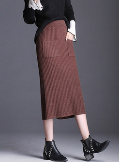 Elastic High Waist Knitted Slit Bodycon Skirt