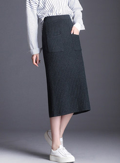 Elastic High Waist Knitted Slit Bodycon Skirt