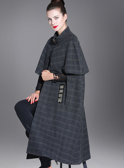 Shawl Collar Plaid Knee-length Wool Blended Coat