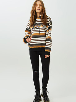 Fashion Hooded Color-blocked Striped Sweatshirt