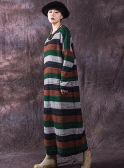 Autumn Crew-neck Long Sleeve Striped Sweater Dress