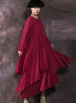 Fashion Wine Red Pleated Cotton Linen Asymmetric Dress