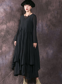 Fashion Black Pleated Linen Asymmetric Maxi Dress