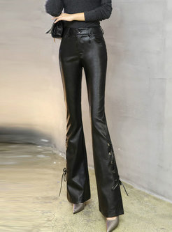 Autumn Black PU Flare Pants With Strap