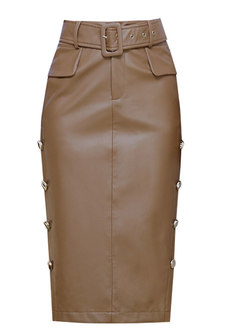 Autumn PU Buttoned Wrap Sheath Skirt With Split