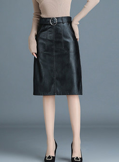 Trendy PU A Line Knee-length Skirt With Belt