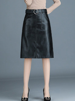 Trendy PU A Line Knee-length Skirt With Belt