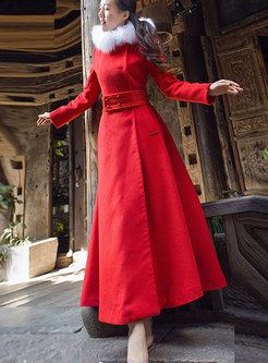 Fashion Red Hooded Cashmere Tie-waist Long Coat