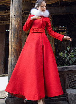 Fashion Red Hooded Cashmere Tie-waist Long Coat