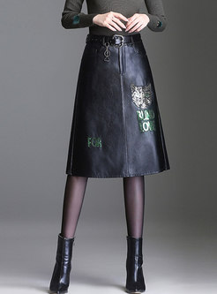 Autumn PU High Waist Print A Line Midi Skirt 
