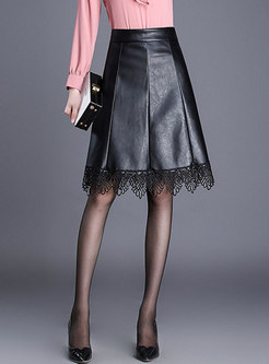 Stylish PU Lace Stitching Easy-matching Skirt