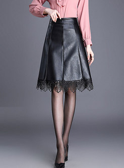 Stylish PU Lace Stitching Easy-matching Skirt