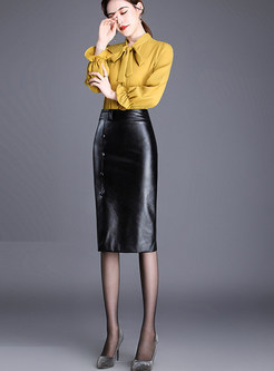 Fashion Elegant Black PU Wrap Sheath Skirt