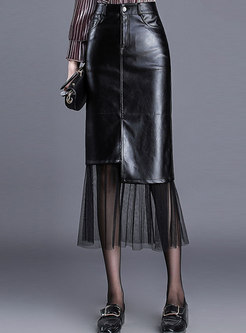 Stylish Black Stitching Gauze Bodycon PU Skirt