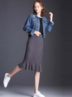 Brief Casual Elastic Knee-length Knitted Skirt