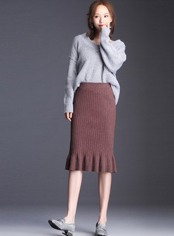 Pure Color Slim High Waist Bodycon Midi Skirt