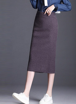 Stylish Elastic Waist Mid-claf Slit Knitted Skirt