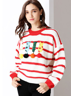 Autumn Stand Collar Cartoon Striped Knitted Sweater