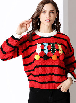 Autumn Stand Collar Cartoon Striped Knitted Sweater