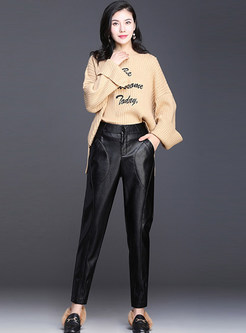 PU Splicing Slim Pencil Pants With Button
