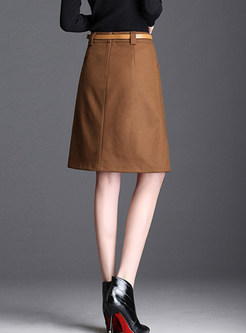 High Waist Pure Color A Line Skirt With Belt