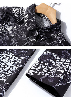 Fashion Turn-down Collar All Over Print Silk Blouse 