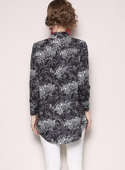 Fashion Turn-down Collar All Over Print Silk Blouse 