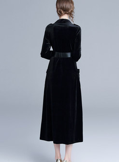 Party Black V-neck Single-breasted Velvet Dress