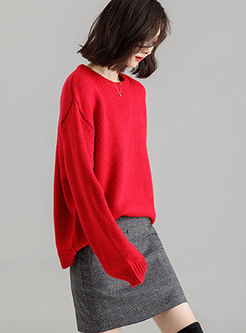 Stylish Wool Red Loose Pullover Sweater