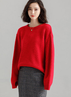 Stylish Wool Red Loose Pullover Sweater