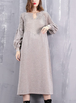 Plus Size Long Sleeve Loose Knitted Mid-claf Dress