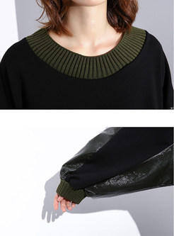 Color-blocked O-neck Long Sleeve Stitching Shift Dress