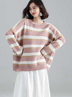 Sweet Crew-neck Color-blocked Long Sleeve Sweater