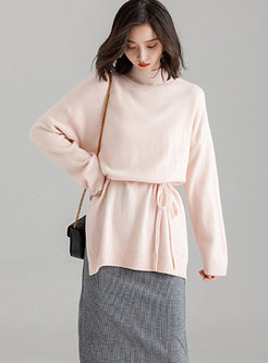 Fashion Solid Color Retro Belted Thick Loose Sweater