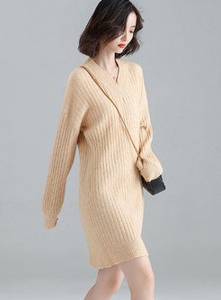 Stylish Camel V-neck Long Sleeve Tie-waist Knitting Sweater