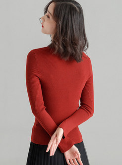 Autumn Red V-neck Pullover Long Sleeve Slim Sweater