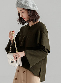 Fashion Army Green O Neck Flare Sleeve Slim Sweater